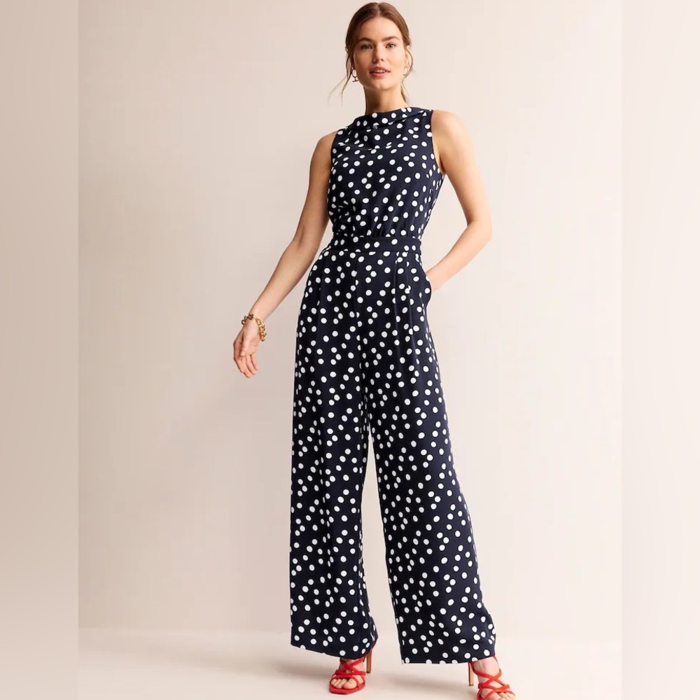 Boden White and Navy Polkadot Jumpsuit Sleeveless Bateau
